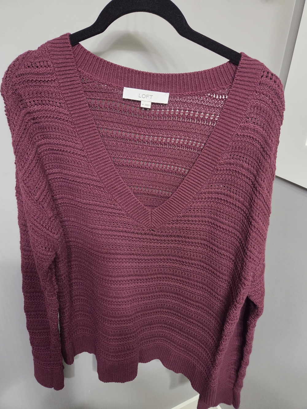 LOFT V-Neck Open-Knit Sweater - Plum
